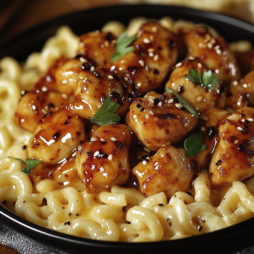 Sweet and Spicy Honey Pepper Chicken with Macaroni and Cheese