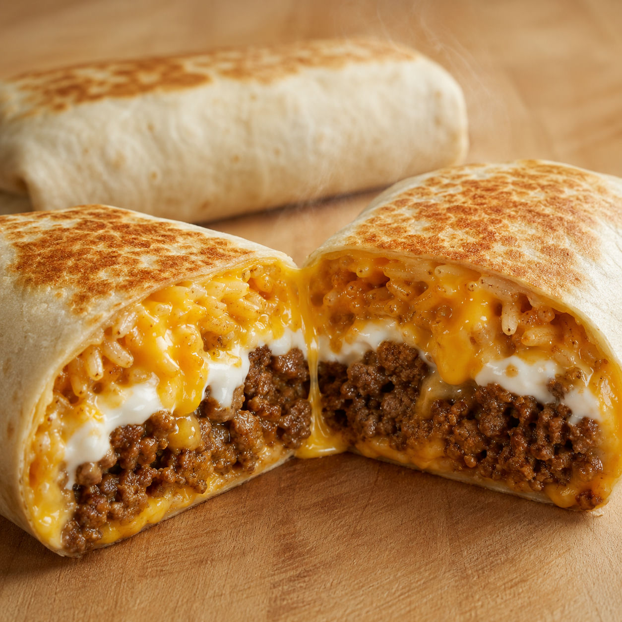 Sliced beefy melt burrito showing layers of seasoned beef, Mexican rice, nacho cheese, and melted cheddar