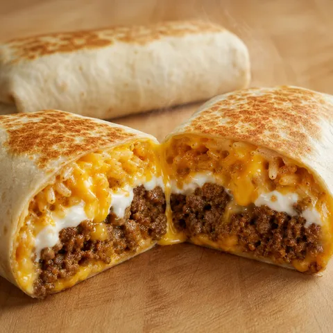 Sliced beefy melt burrito showing layers of seasoned beef, Mexican rice, nacho cheese, and melted cheddar