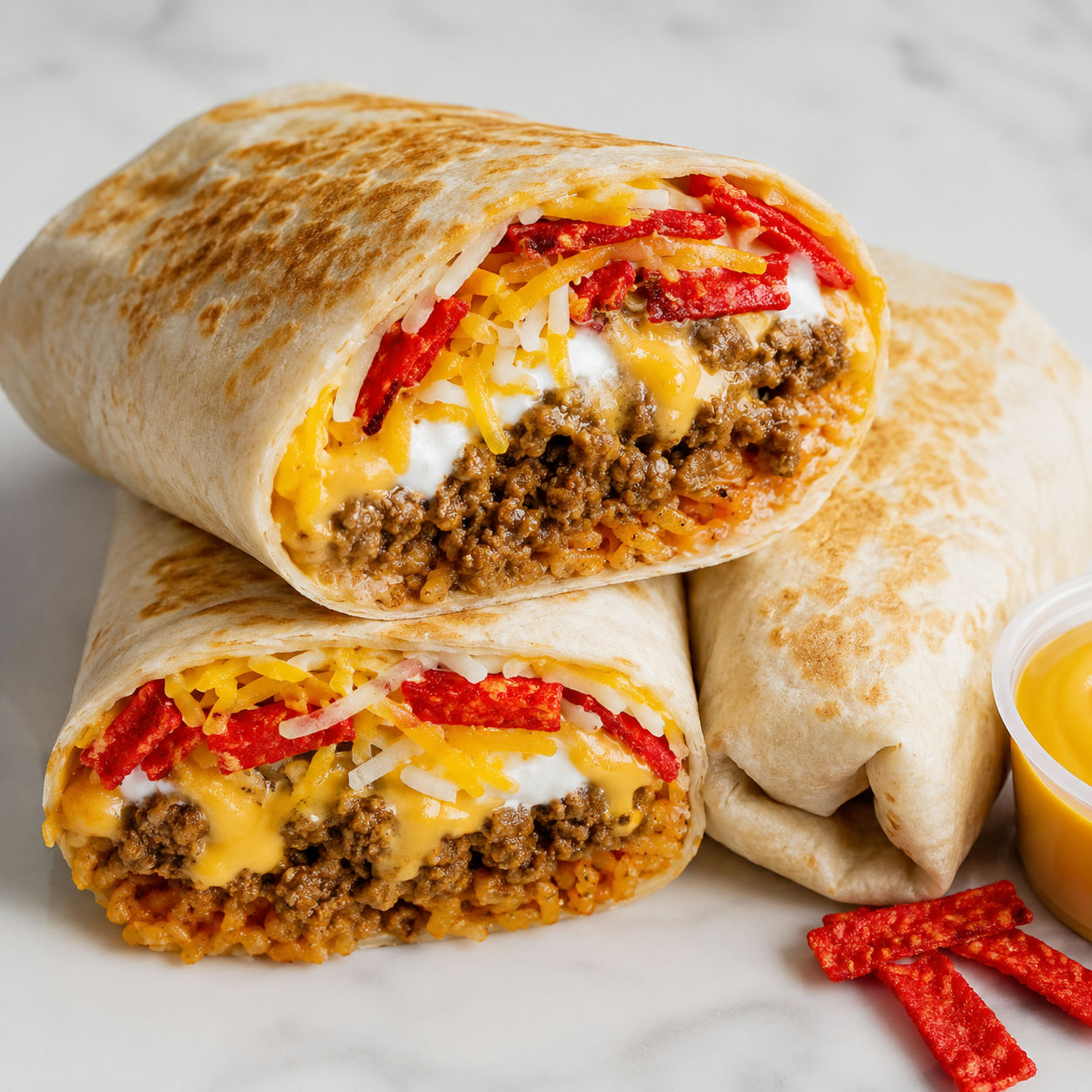 Beefy melt burrito halves with rice, beef, cheese, sour cream, and tortilla strips