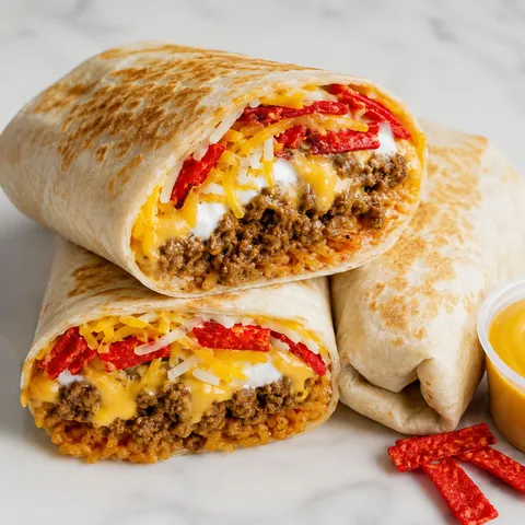 Beefy melt burrito halves with rice, beef, cheese, sour cream, and tortilla strips