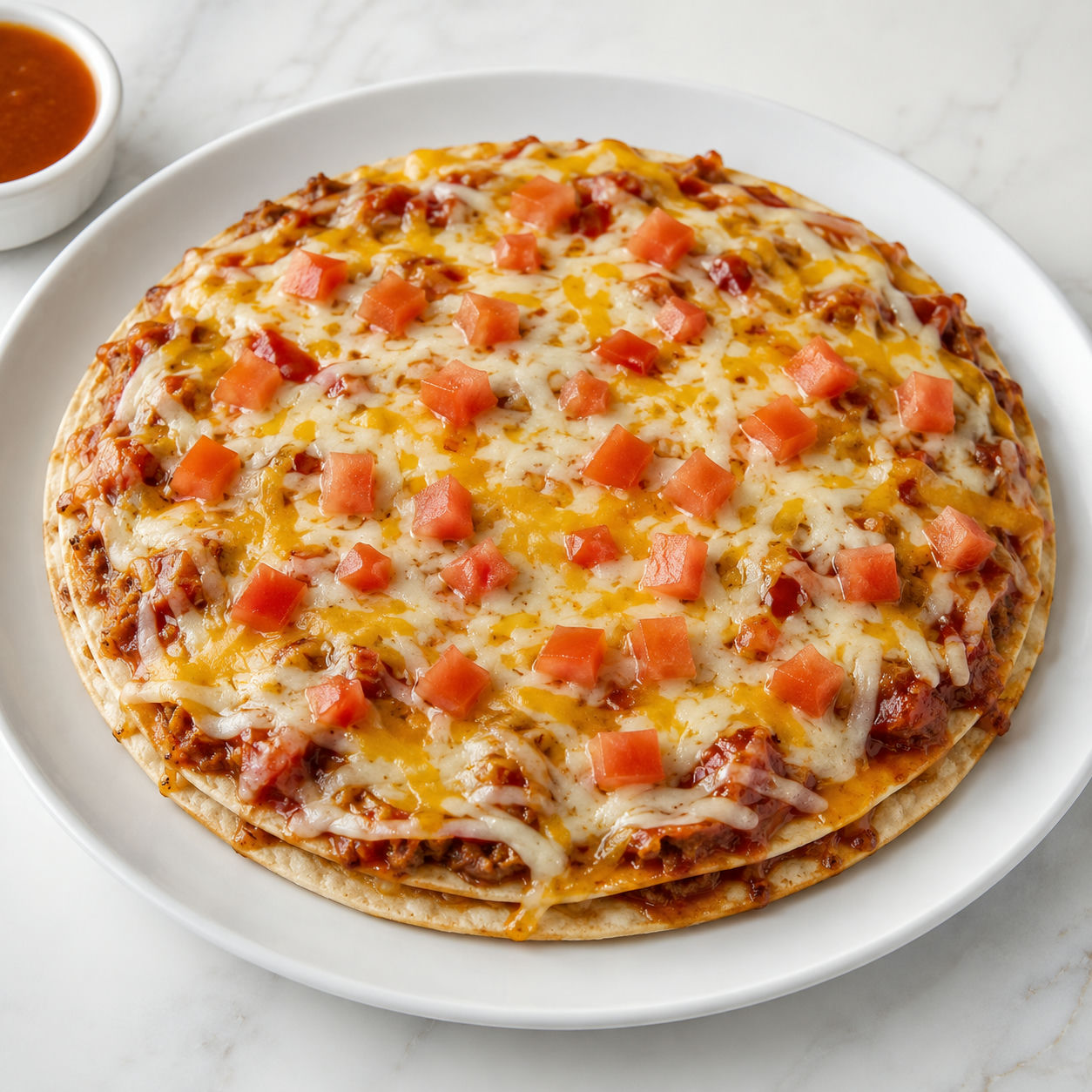 Taco Bell Mexican Pizza with melted cheese and diced tomatoes