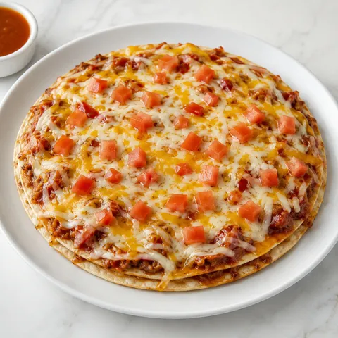 Taco Bell Mexican Pizza with melted cheese and diced tomatoes