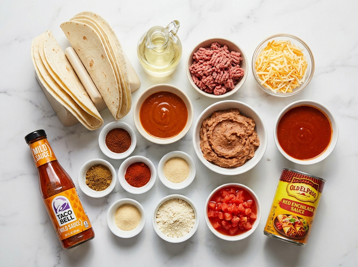 Ingredients for Taco Bell Mexican Pizza on a wooden surface