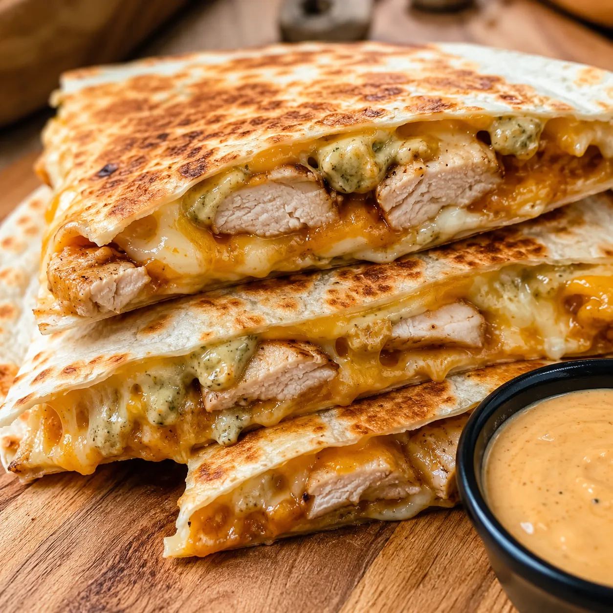 Golden chicken quesadilla wedges with melted cheese and creamy jalapeno sauce