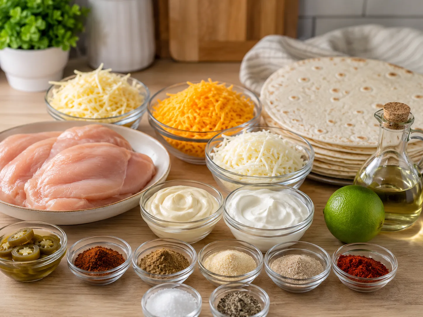 Chicken quesadilla ingredients with tortillas, cheeses, jalapenos, and spices