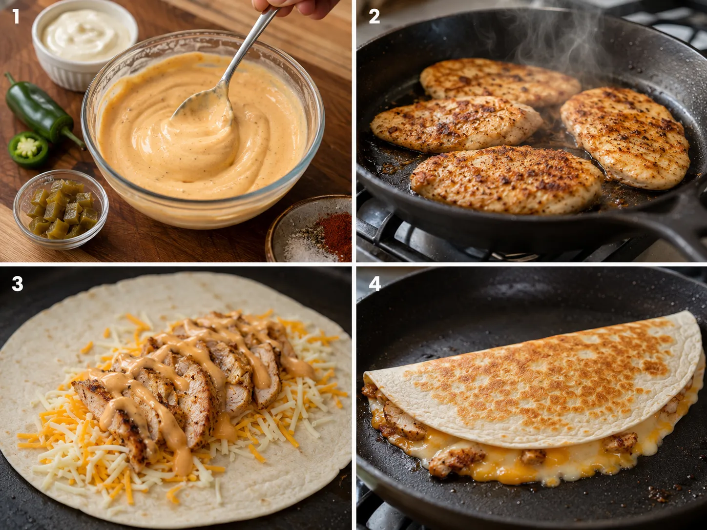 Four steps for making chicken quesadillas with sauce, chicken, filling, and skillet