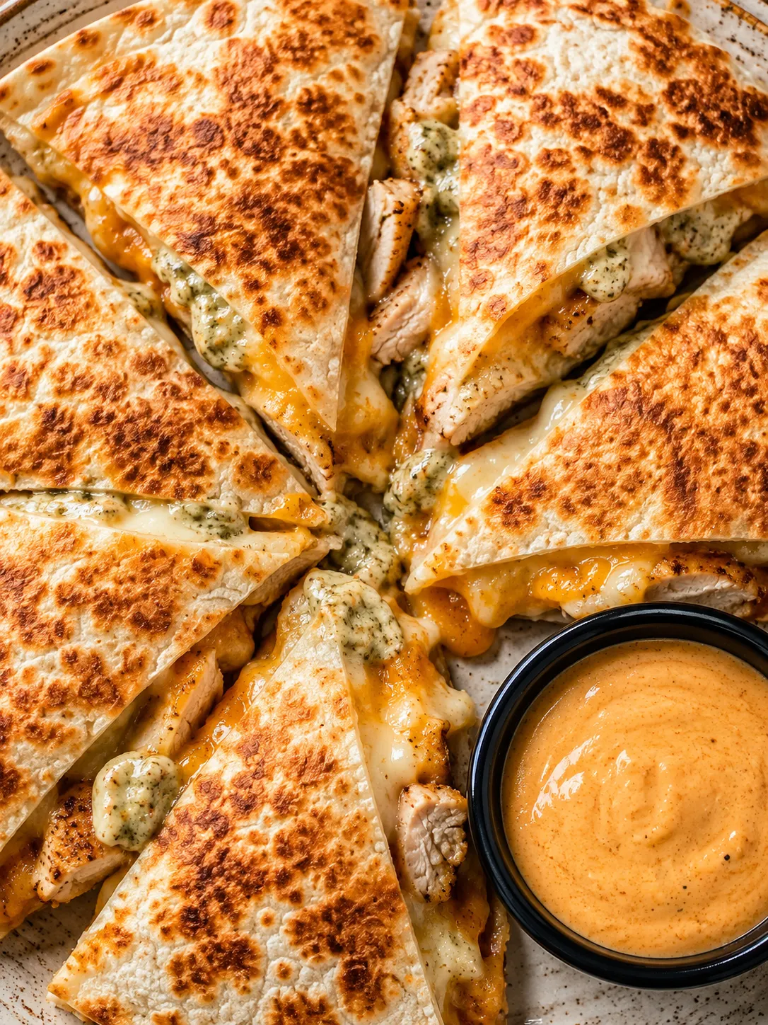 Taco Bell-style chicken quesadilla wedges with creamy jalapeno sauce