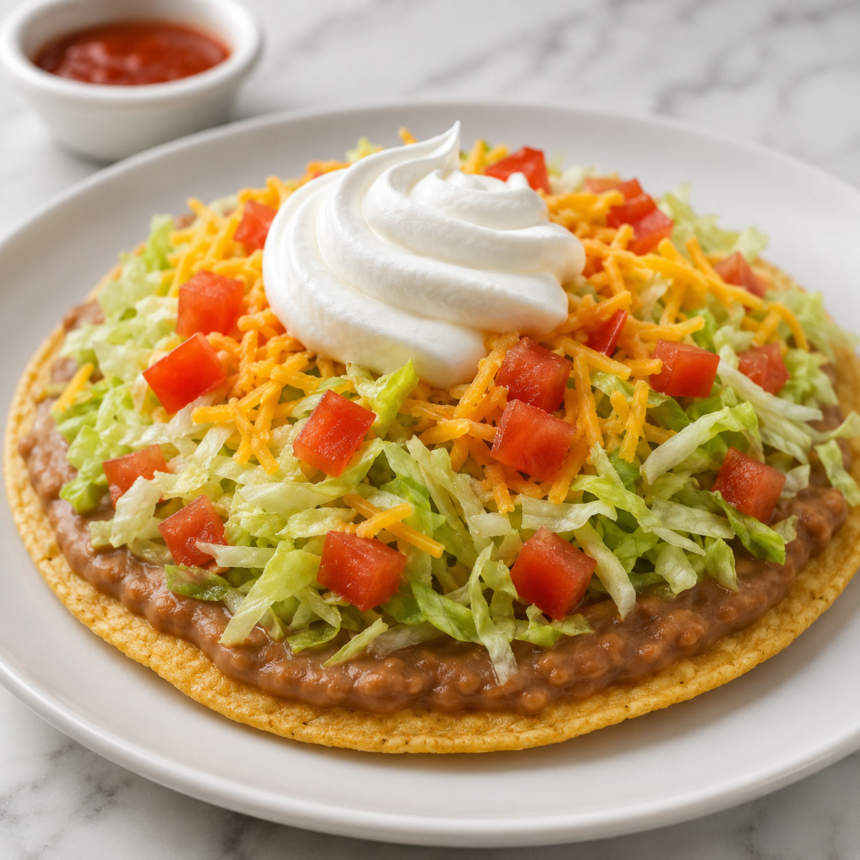 Crispy tostada shell with refried beans, shredded lettuce, diced tomato, cheddar cheese, and sour cream swirl on a wooden surface