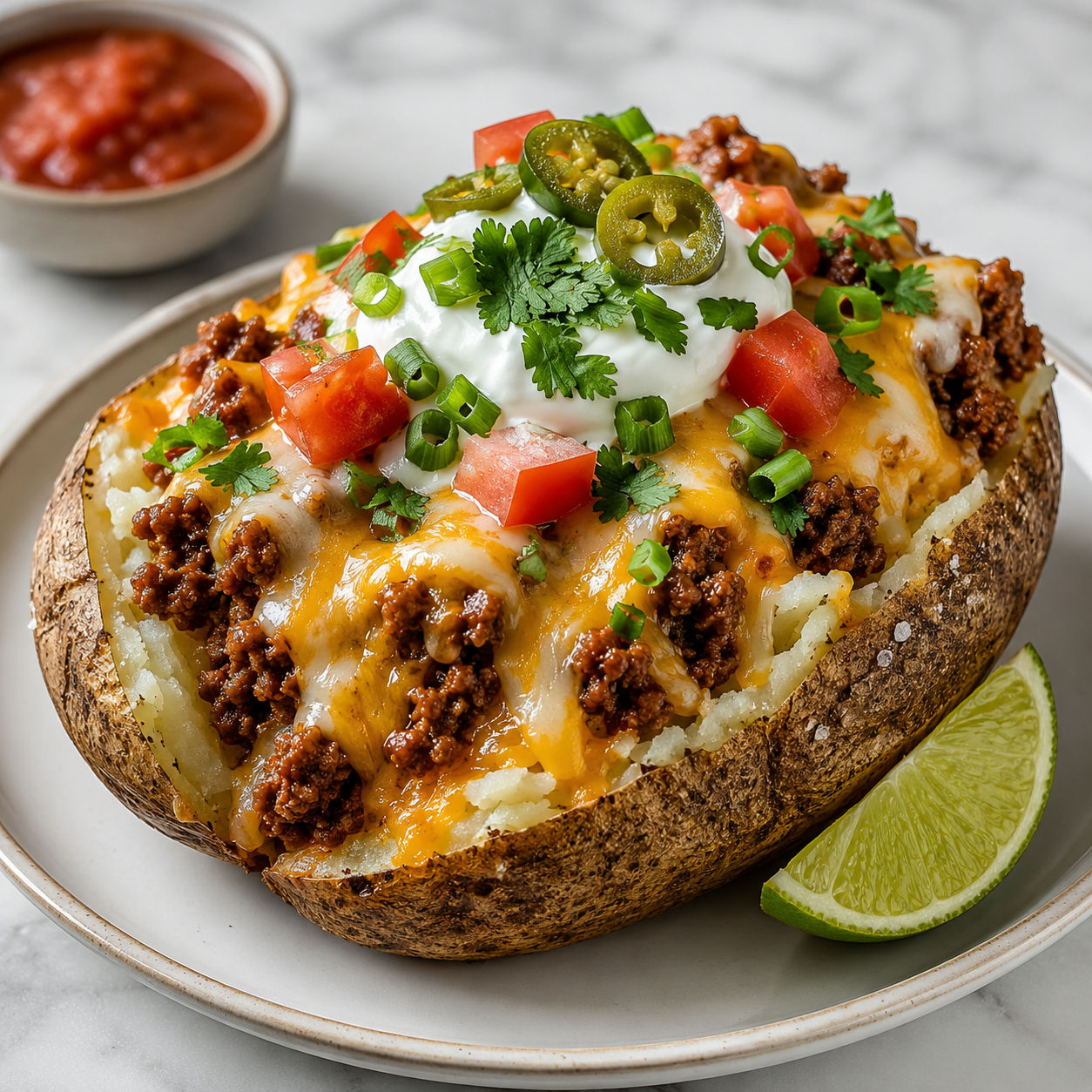 Taco loaded baked potato with beef, cheese, sour cream, and tomatoes