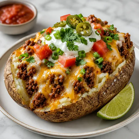 Taco loaded baked potato with beef, cheese, sour cream, and tomatoes