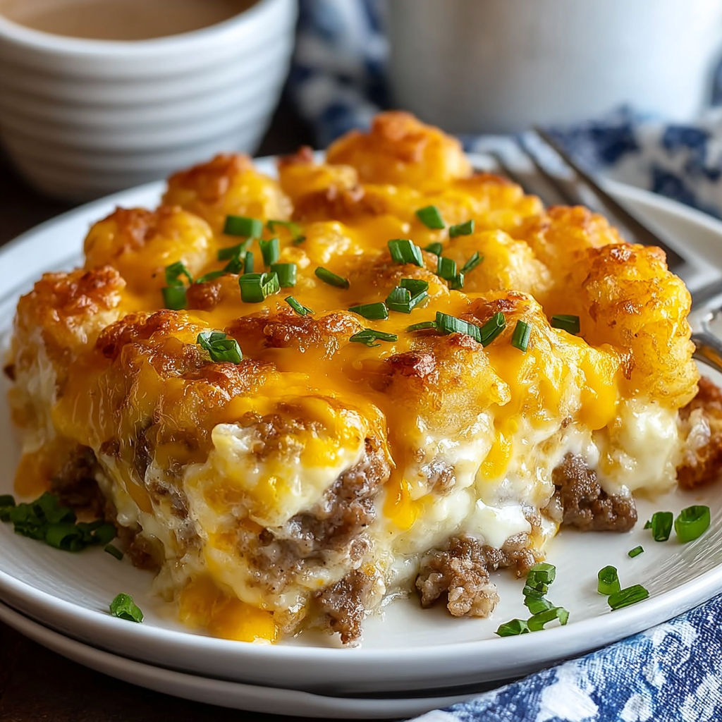 Sausage and Tater Tot Breakfast Casserole with Cheddar