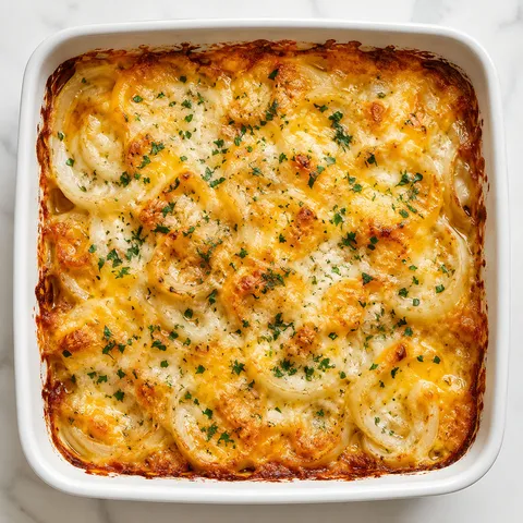 Tennessee Onions with browned cheese and parsley in a white casserole dish
