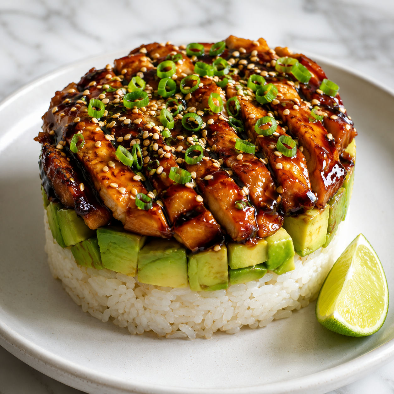Teriyaki chicken avocado rice stack with sesame seeds and green onions on a white ceramic plate