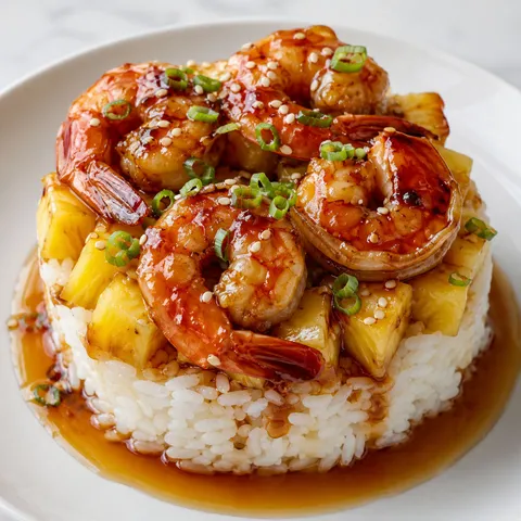 Teriyaki shrimp and pineapple rice stack with sesame seeds and green onions on a white plate