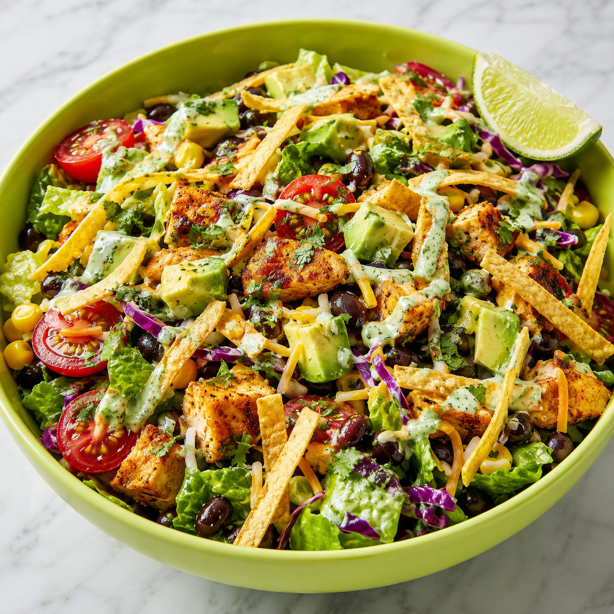 Tex-Mex taco chicken chopped salad with avocado, black beans, corn, and tortilla strips in a wide bowl