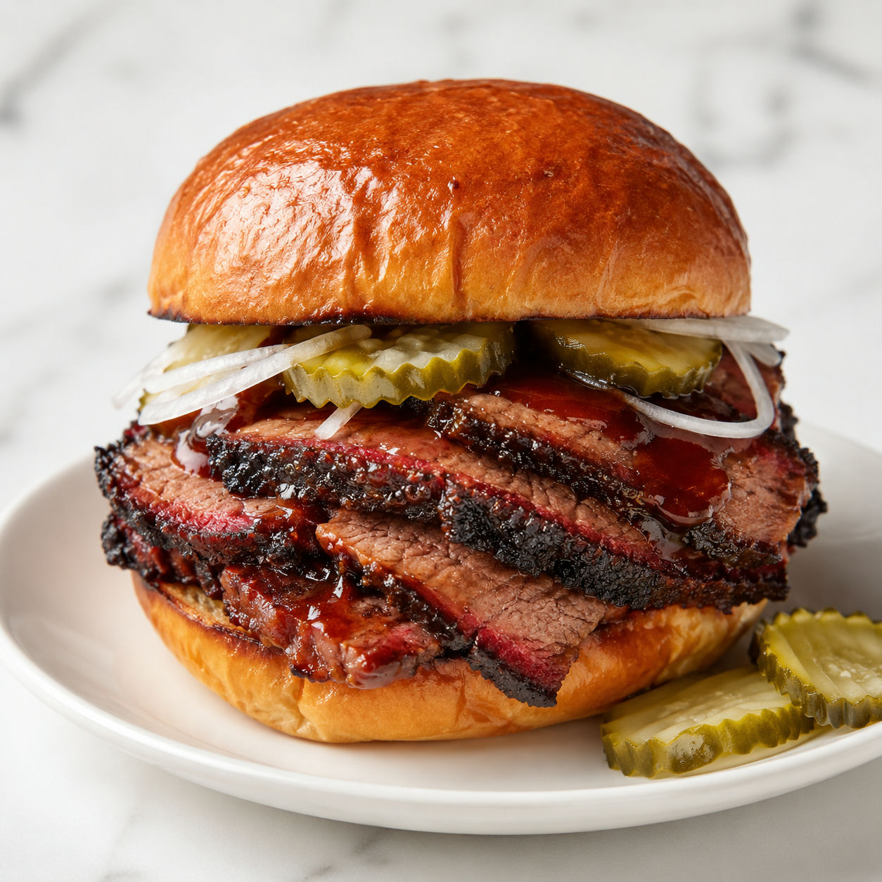 Texas brisket sandwich with pickles, onion, and barbecue sauce