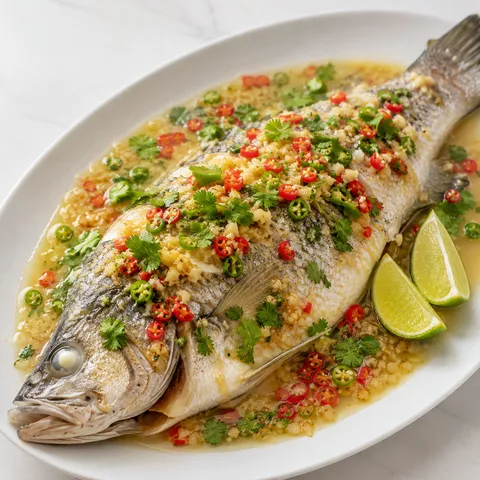 Whole steamed sea bass in Thai lime-garlic sauce with chilies and cilantro on a white platter