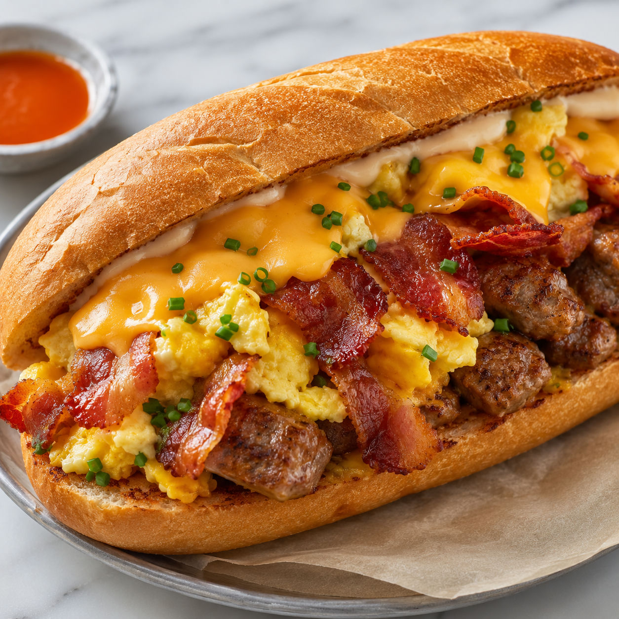 Breakfast hoagie with eggs, bacon, sausage, and melted cheese