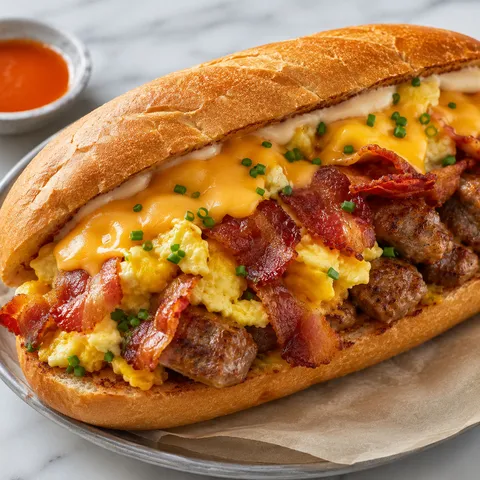 Breakfast hoagie with eggs, bacon, sausage, and melted cheese