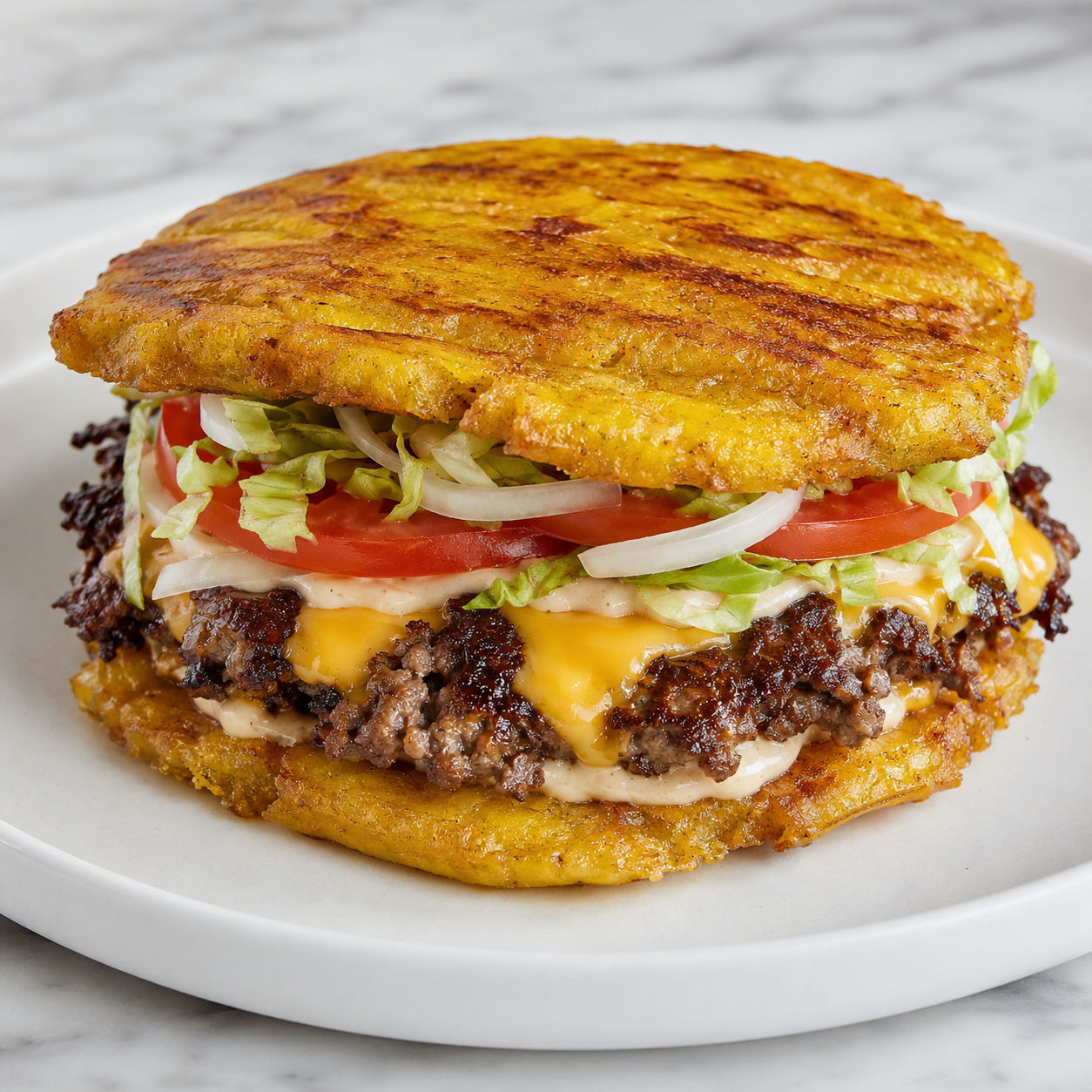 Chicago jibarito smash sandwich with plantain buns and melted cheese