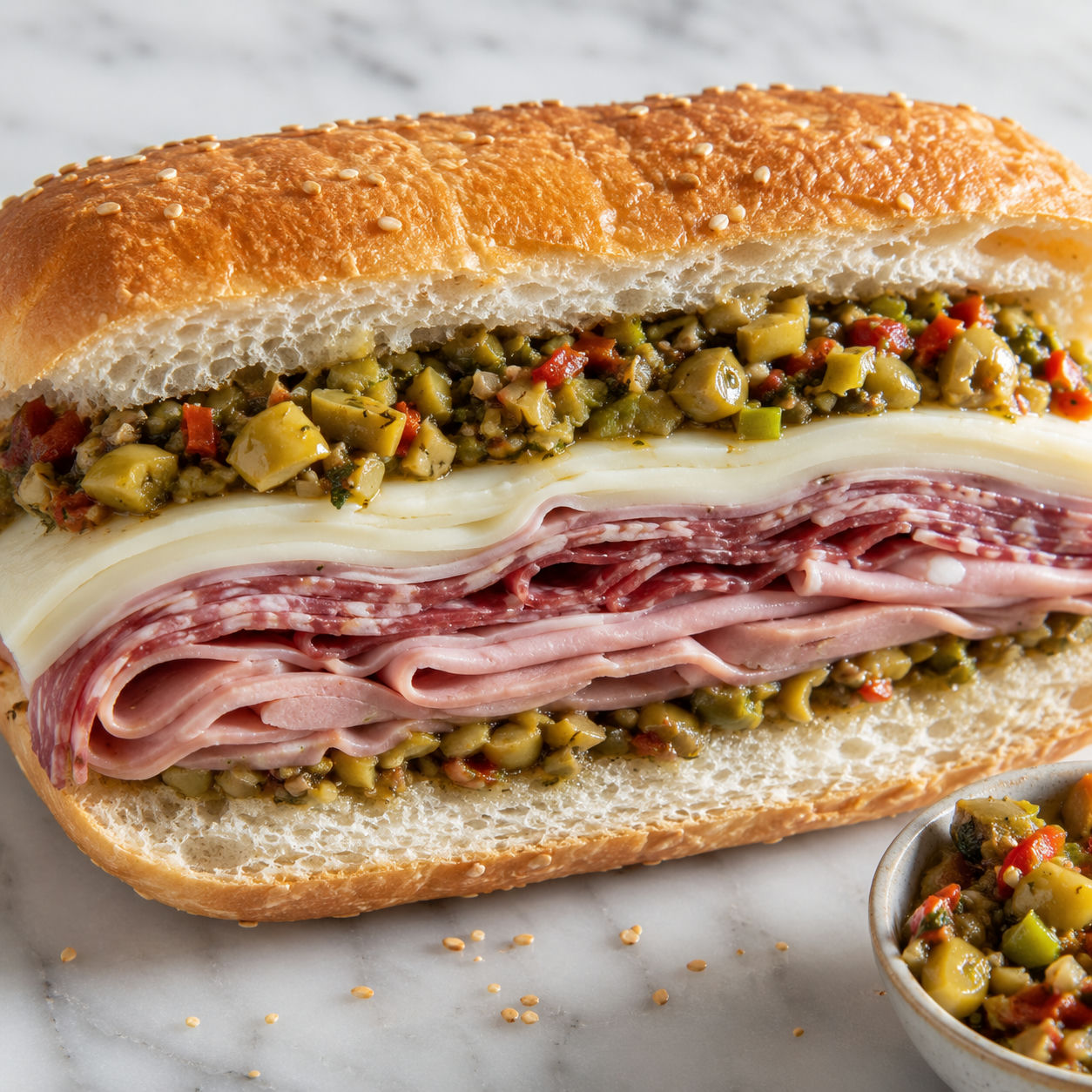 Overstuffed muffuletta hoagie with olive salad and Italian deli meats
