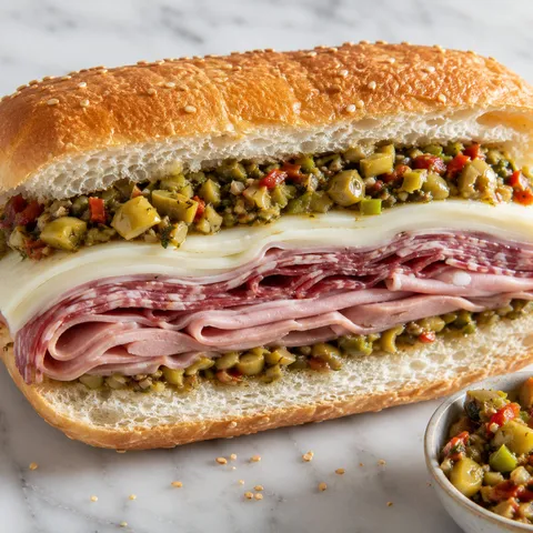 Overstuffed muffuletta hoagie with olive salad and Italian deli meats