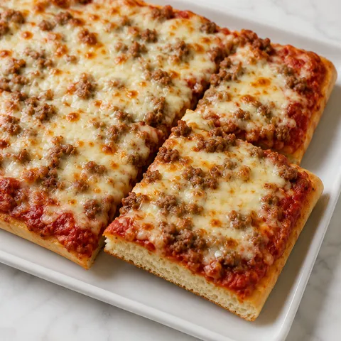 Cafeteria-style rectangular school pizza with melted cheese and meat crumbles