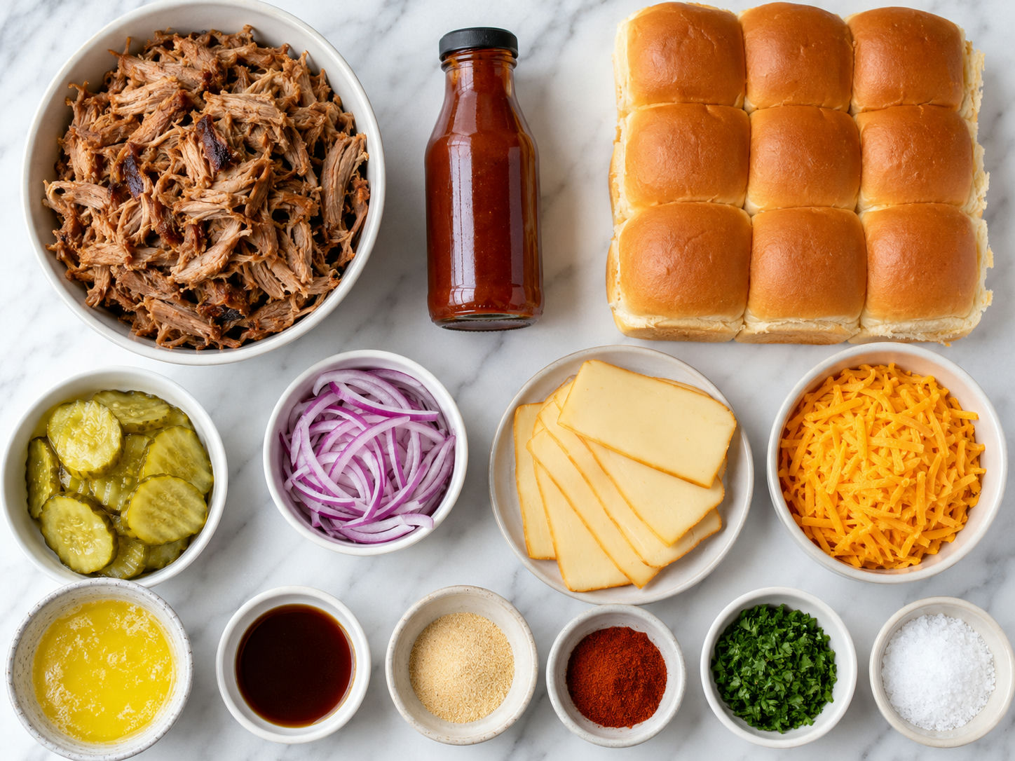 Ingredients for barbecue pork sliders with rolls, pork, cheese, and pickles