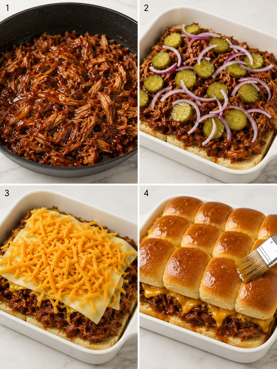 Four steps for making barbecue pork sliders with cheese and buttered rolls