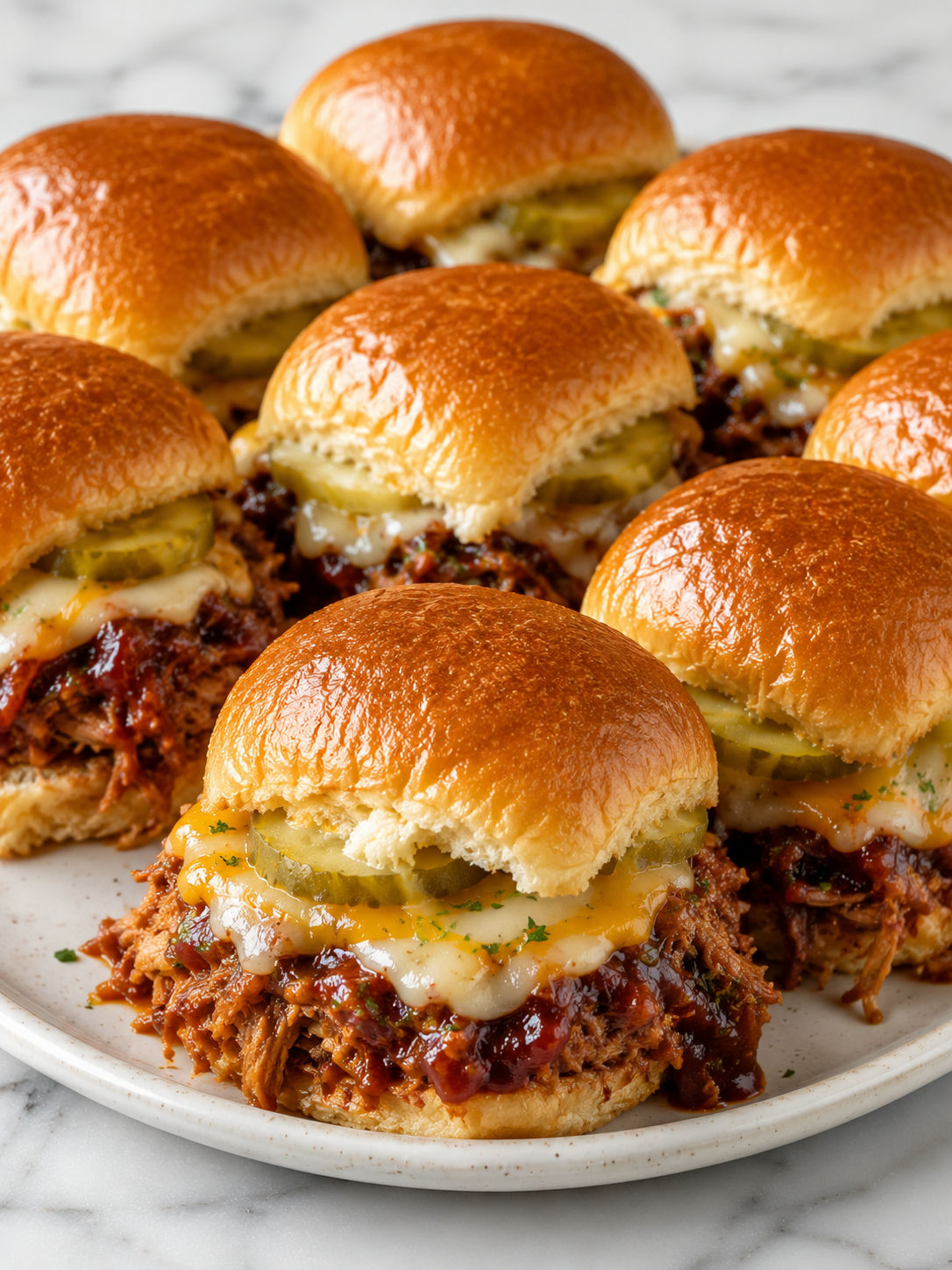 Pulled-apart barbecue pork sliders with melted cheese and golden rolls