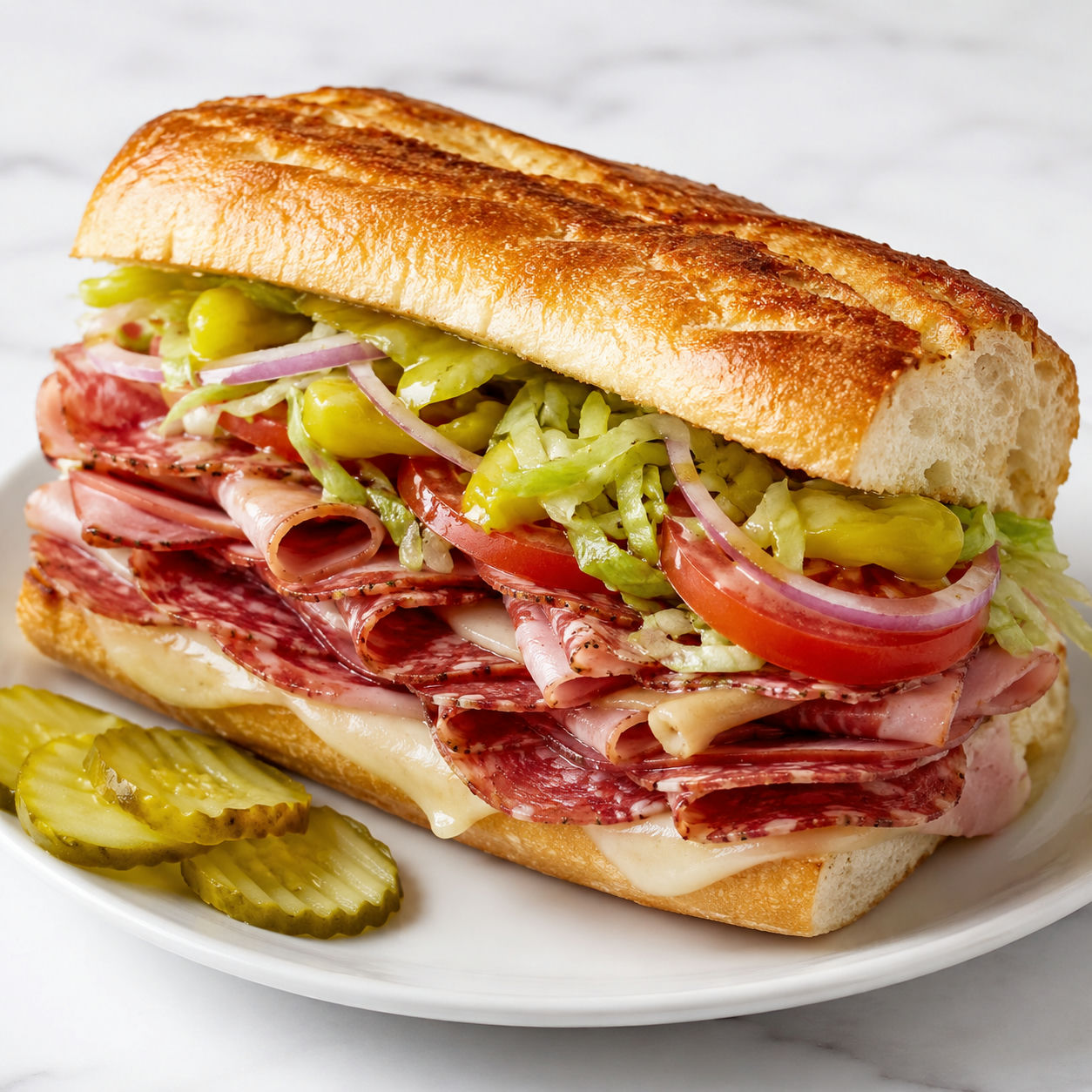 Toasty Italian cold cut sandwich with provolone, lettuce, tomato, and pepperoncini