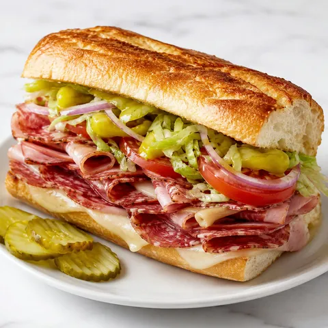 Toasty Italian cold cut sandwich with provolone, lettuce, tomato, and pepperoncini