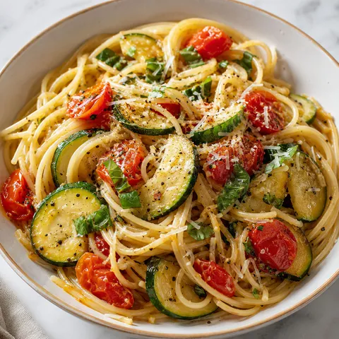 Tomato zucchini pasta with basil and Parmesan in a white bowl