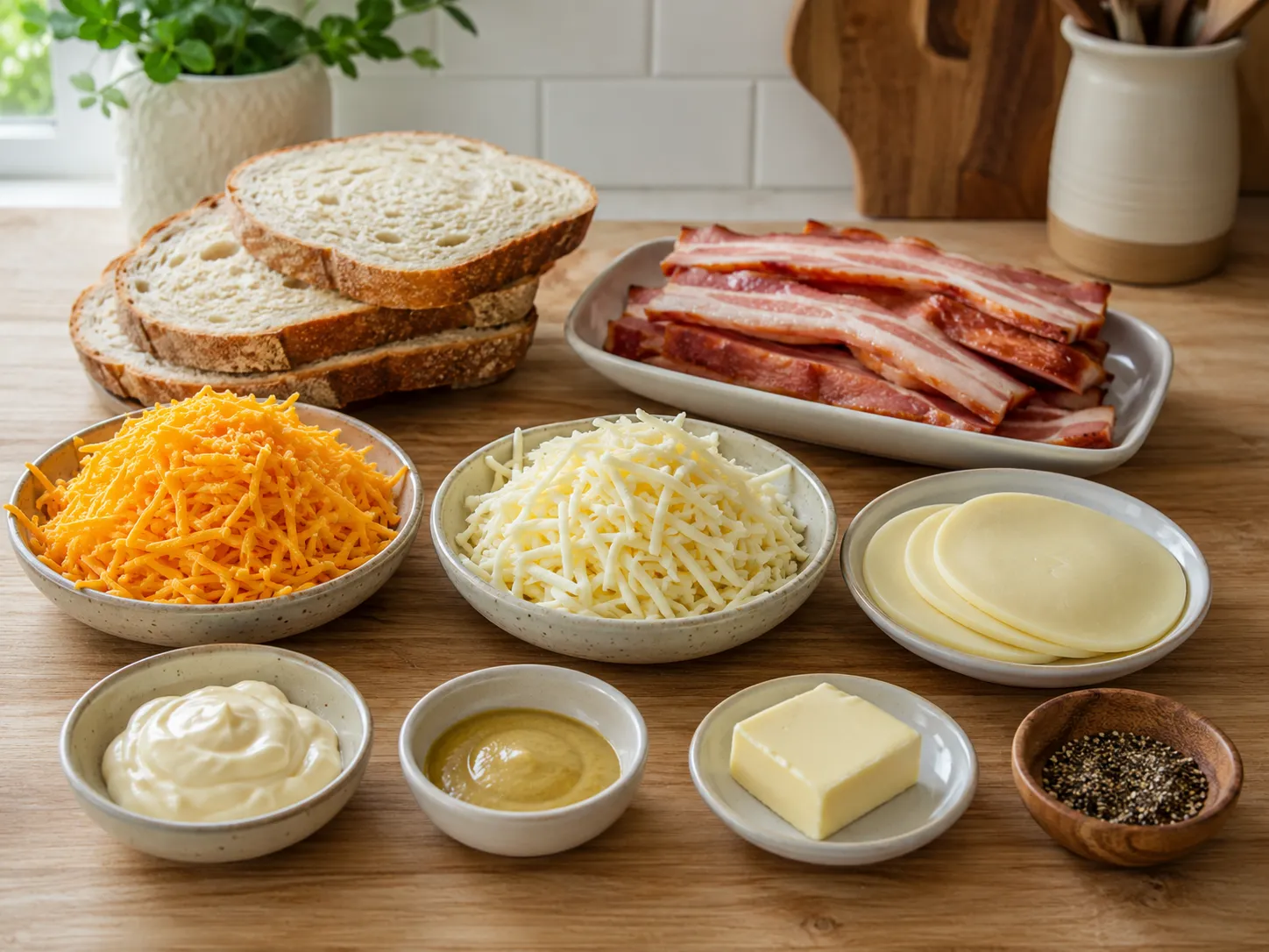 Ingredients for a Triple Cheese Bacon Melt with bacon, bread, and three cheeses