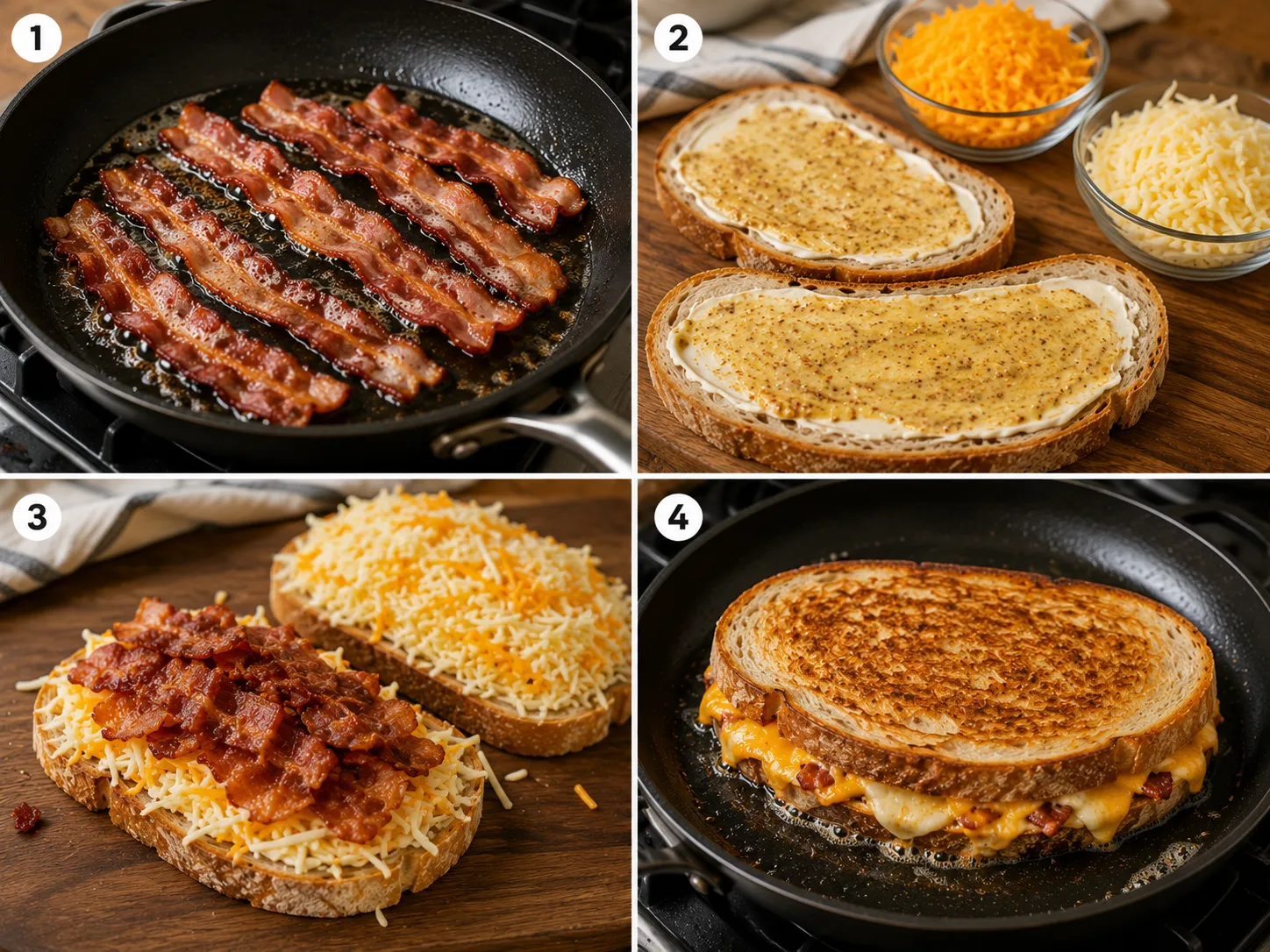Four cooking steps for making a Triple Cheese Bacon Melt