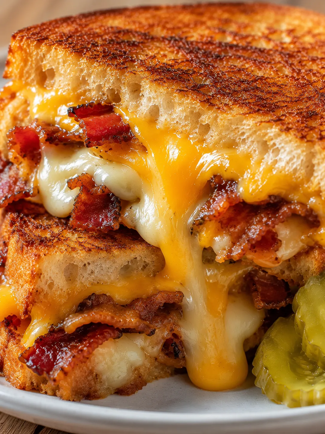 Triple Cheese Bacon Melt with stretchy cheese and crisp bacon