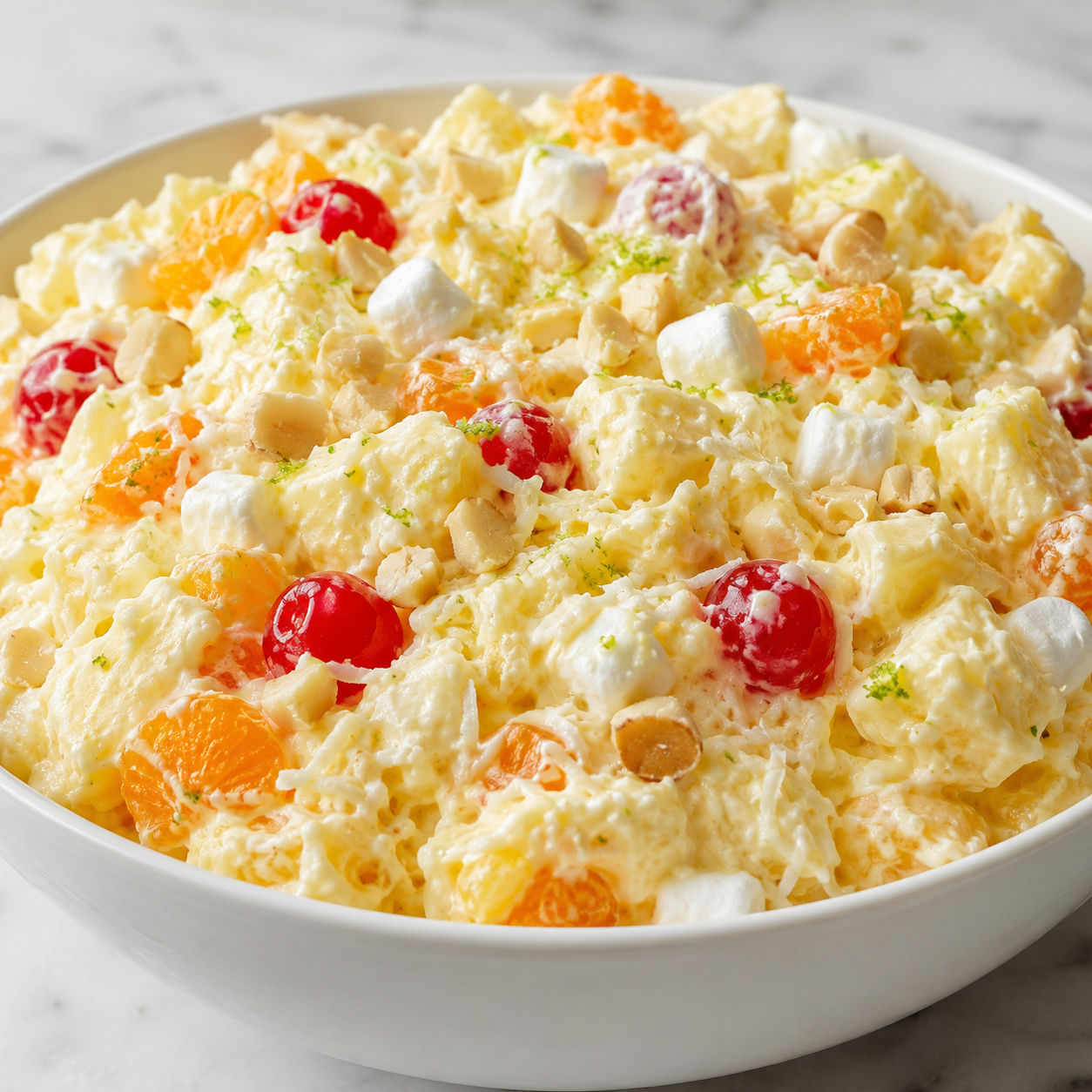 Tropical Pineapple Fluff with coconut, cherries, oranges, and macadamias