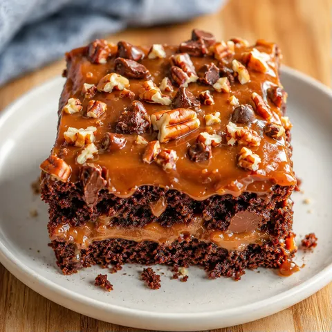 Turtle cake square with caramel, pecans, and chocolate chips