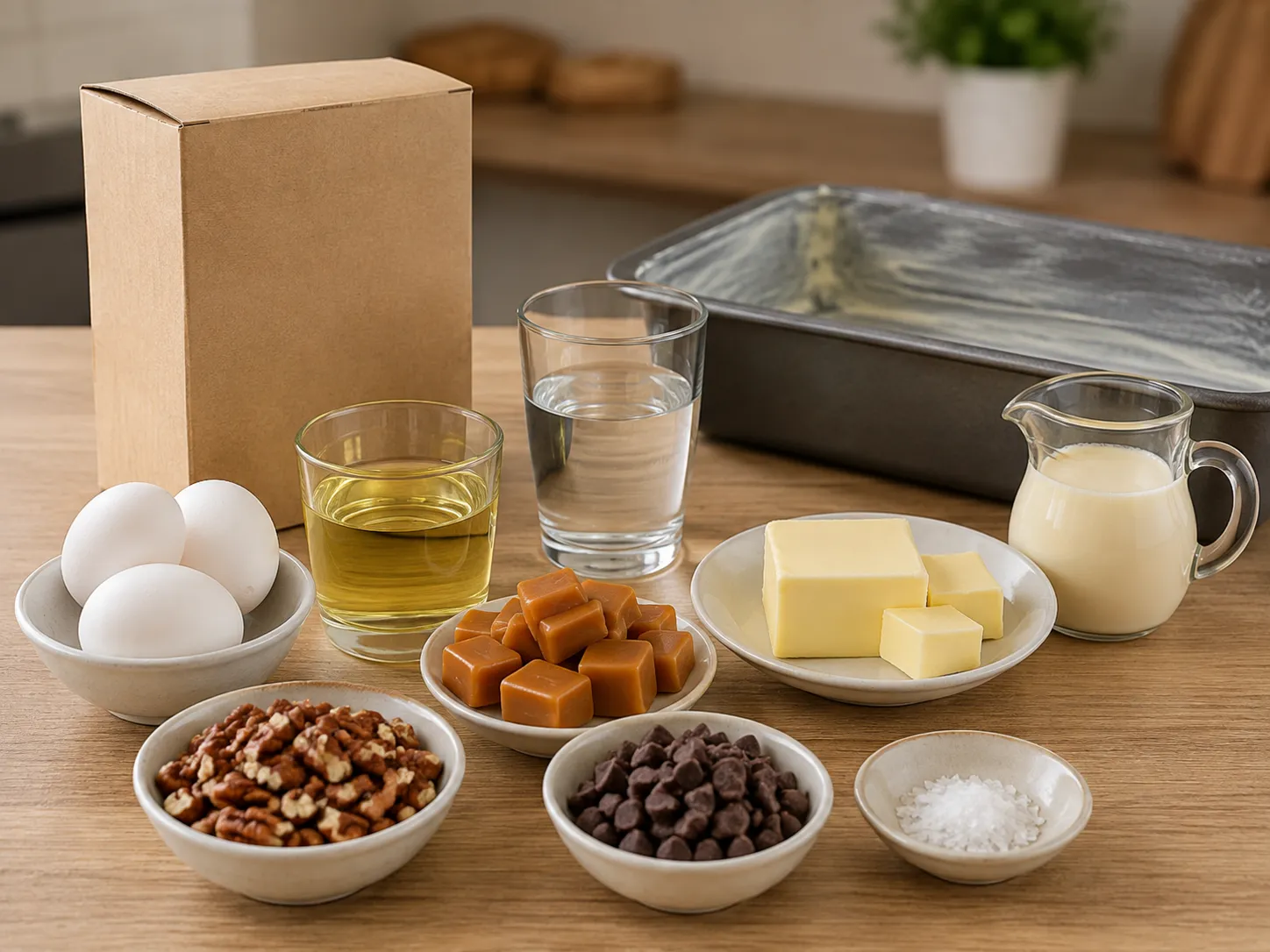 Ingredients for turtle cake with caramels, pecans, and chocolate chips