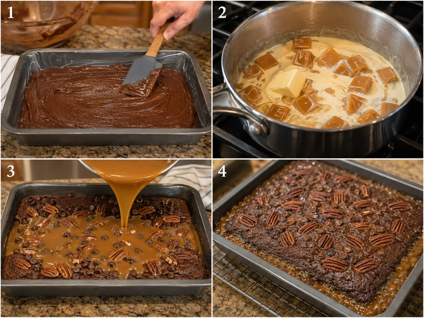 Four steps for making turtle cake with caramel and pecans