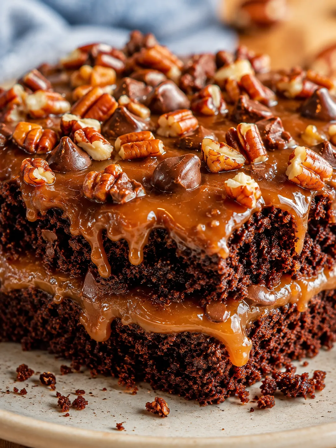 Gooey turtle cake square with caramel layer and pecans