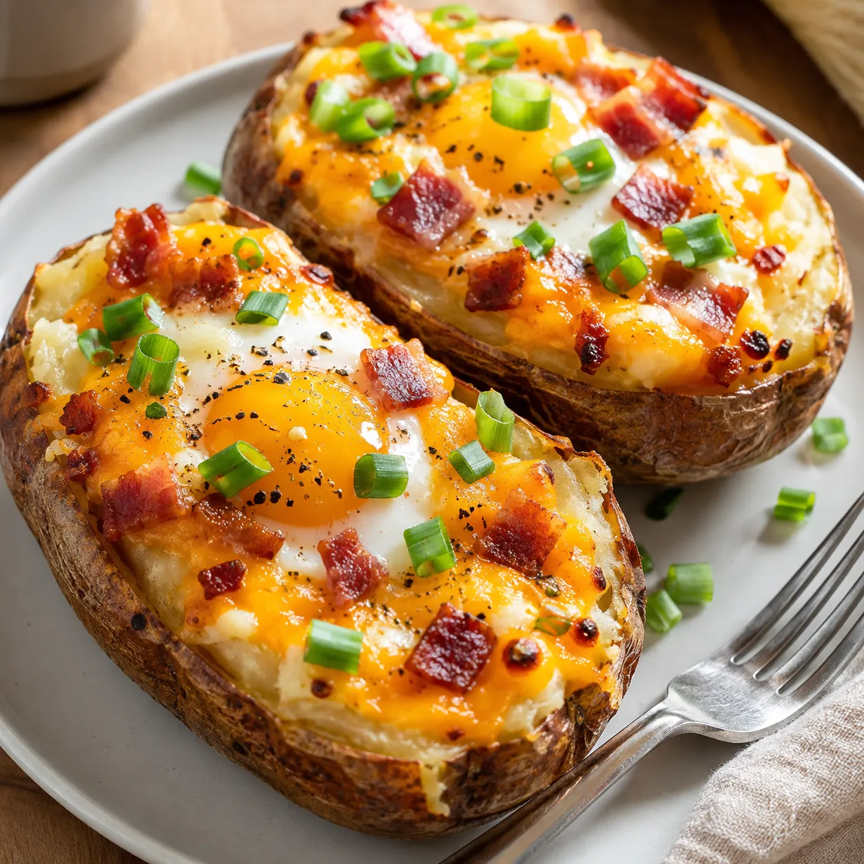 Twice-baked breakfast potatoes with eggs, bacon, cheddar, and scallions
