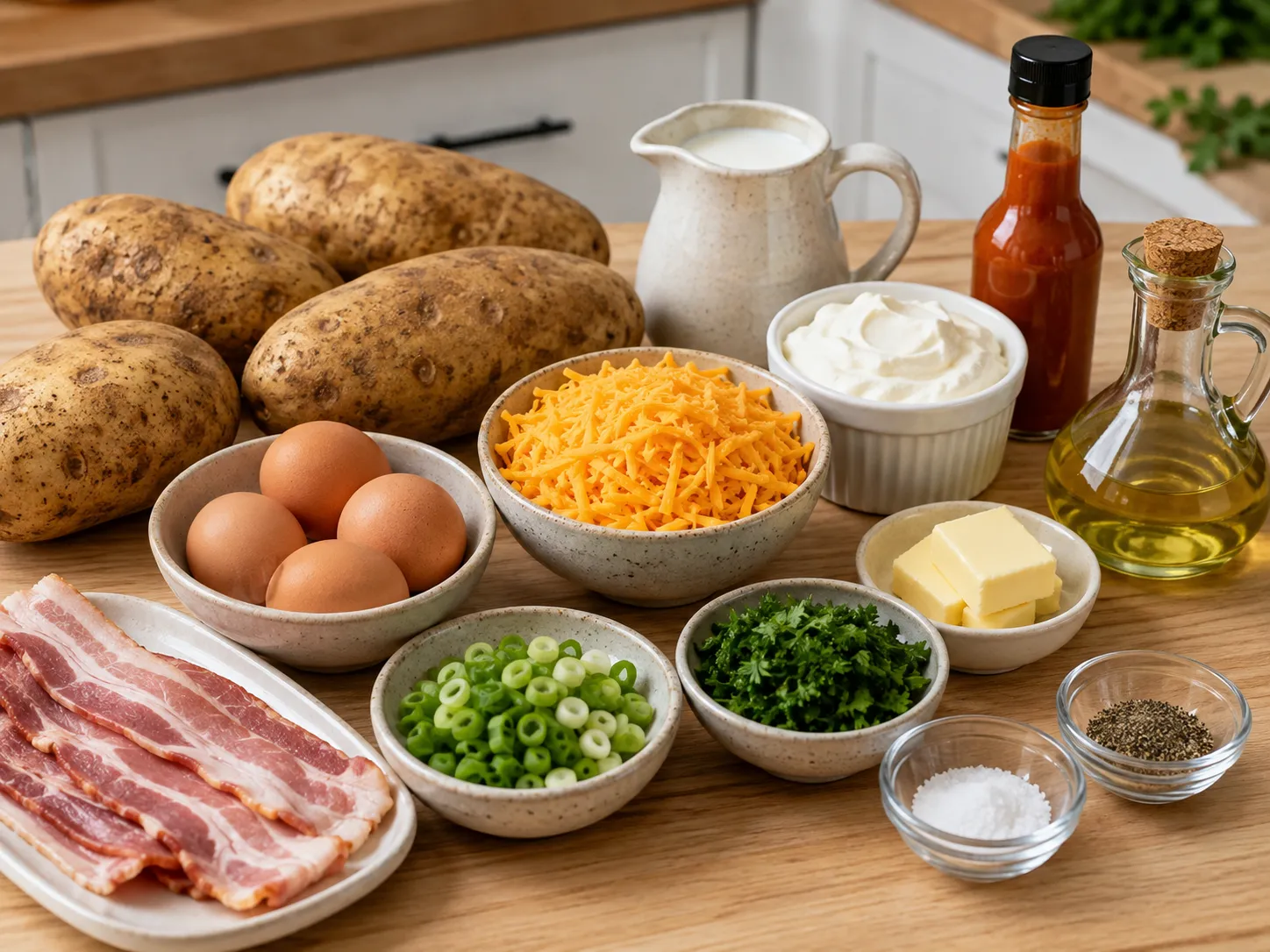 Ingredients for breakfast stuffed potatoes with russets, eggs, bacon, and cheddar