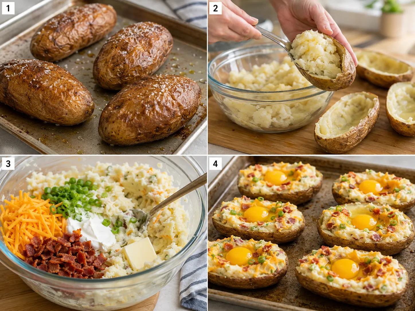 Four steps for making twice-baked breakfast potatoes with eggs