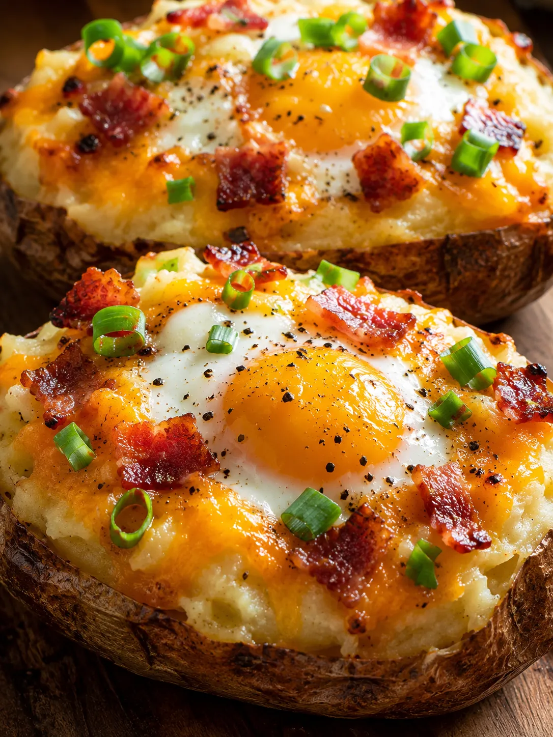 Loaded breakfast potatoes with baked eggs, bacon, cheddar, and scallions