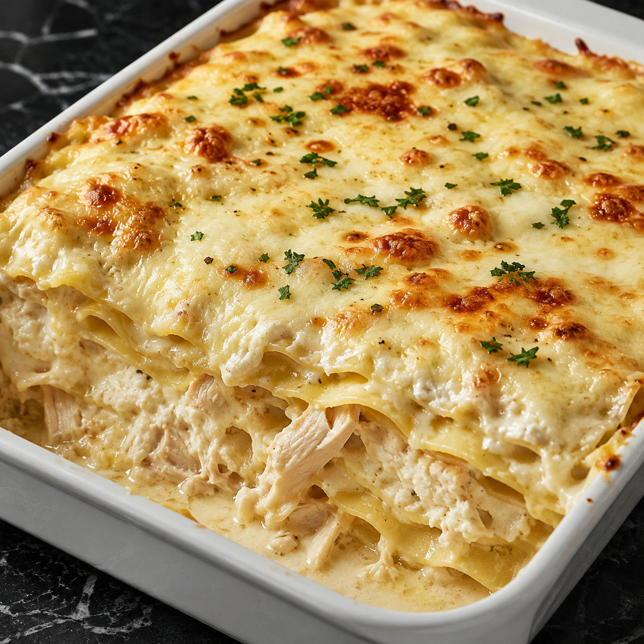 Chicken Alfredo lasagna slice with golden mozzarella and parsley
