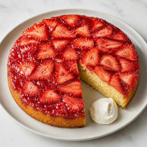 Upside Down Strawberry Cake with glossy sliced berries and golden crumb