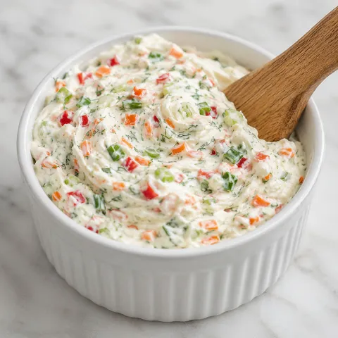 Homemade veggie cream cheese in a white ramekin with colorful vegetable flecks
