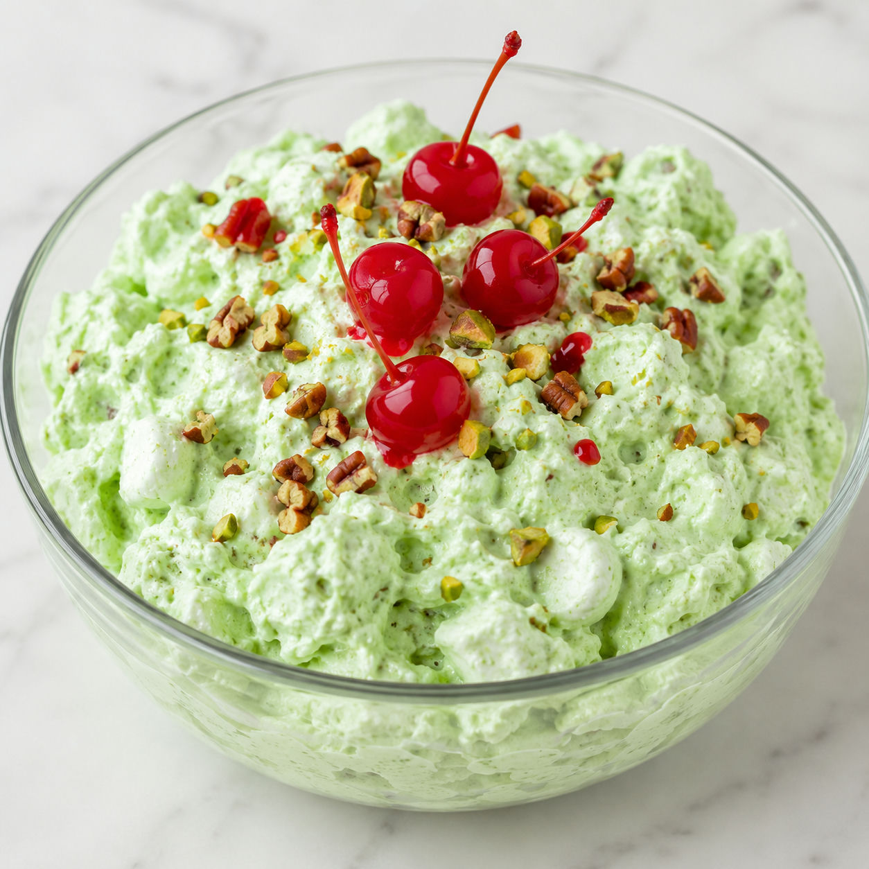 Watergate salad with cherries, pecans, and fluffy pistachio cream